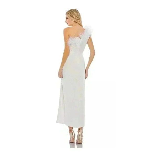 NEW Mac Duggal White Feather Trim One-Shoulder Cocktail Midi Dress Size 12 $298 - Picture 2 of 8
